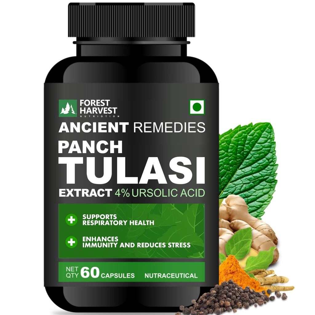Panch Tulasi Extract (4% Ursolic Acid) with Curcumin Complex, Ashwagandha Root Extract, Ginger Extract & Piperine | 1000 mg Per Serving | 60 Capsules | Supports Immunity & Inflammation