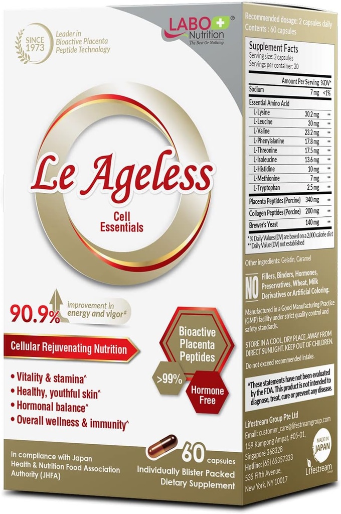 LABO 营养 无年龄者 – Placenta Cell rejuvening Theraphy from Japan – 强化了Collagen Peptide和Brewer的Yeast 支持免疫健康,皮肤再生,抗衰老 – 60 Capsules