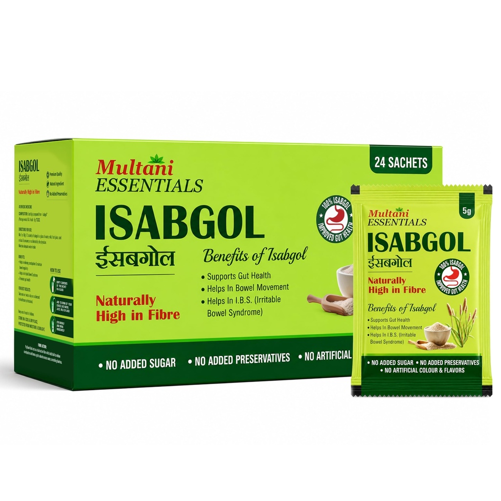 Multani Essentials Isabgol | Psyllium Husk Powder (24 Sachets - 5 gm Each) | For Gut Health And Irritable Bowel Syndrome | Effectively Relieves Constipation | Fibre Supplement For Digestion | Chemical Free | No Added Sugar Or Artificial Flavour