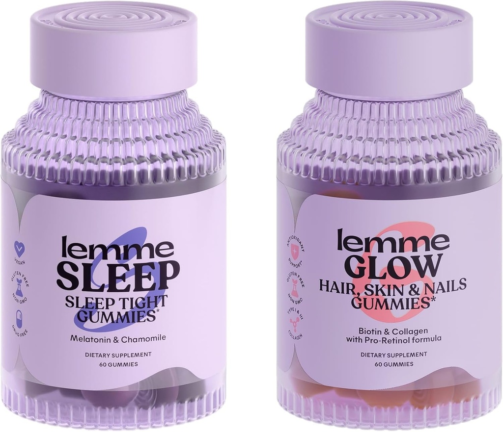 Lemme Sleep & Glow Bundle - Sleep Gummys, 一种无药夜药援助 & Glow Biotin & Collagen hair Gummys for Strong, Thick Hair & Reduction Shedding - Gluten/Gelatin Free, 非GMO - 60 Ct.