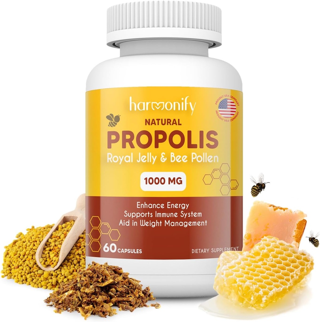 Bee Pollen Propolis Royal Jelly Extract with Carob, 纯免疫支持补充剂,无脂胶,蔬菜卡普尔,1000毫克