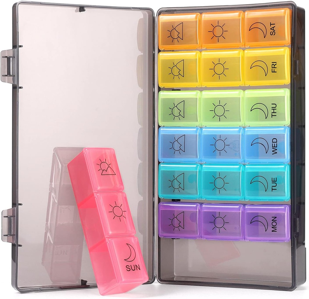 每周药丸组织者 7日 3日 Times, Portable Pill Organizationer, BPA Free Pill case, 旅行每日药丸盒提醒, 维生素药剂组织者, 补充品 (Rainbow)