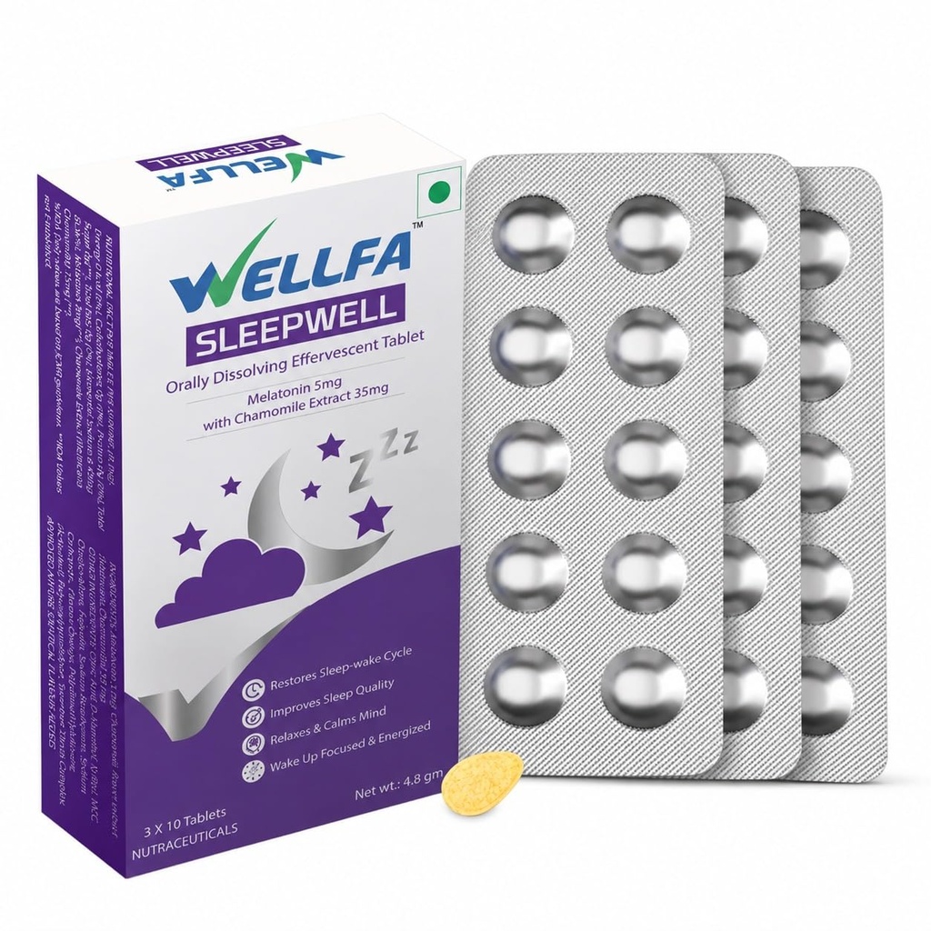 Sleepwell Melatonin 5mg Sleep Supplement | Dissolving Effervescent Tablets with Chamomile | Better then Sleep Gummies & Strips | Sleep Aid for Stress Relief & Insomnia (30 Tablets, Pack of 1)