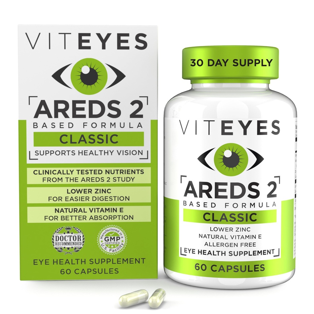 Viteyes AREDS 2 眼维生素,经典美术支持,Allergen Free Capsules,配有天然维生素E,维生素C,锌,铜,Lutein & Zeaxanthin,眼科医生信任,在美国制造,60Ct