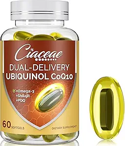 Ubiquinol CoQ10 600 MG 软胶与Omega-3 & Shilajit & PQQ,高级双联产Coenzyme-Q10,活性CoQ10 Ubiquinol 增生,抗氧化剂,心脏,脑和能量,360服务