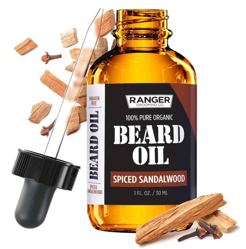 Leven Rose Spiced Sandalwood Beard Oil & Leave In Conditioner by Ranger Grooming Co, 100% Pure Natural Organic for Groomed Beards, Mustaches, and Moisturized Skin 1 oz