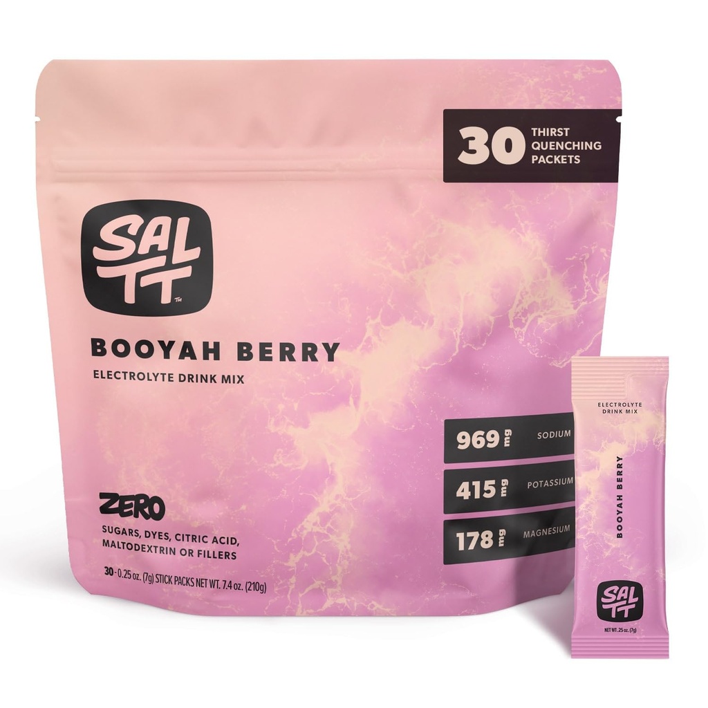 SALTT 电解石 粉碎饮料 混合剂 - Booyah Berry - 30 水解包 - 镁、钾、钠、痕量矿物 - 零糖和葡萄糖 免费 - 旅行必需品
