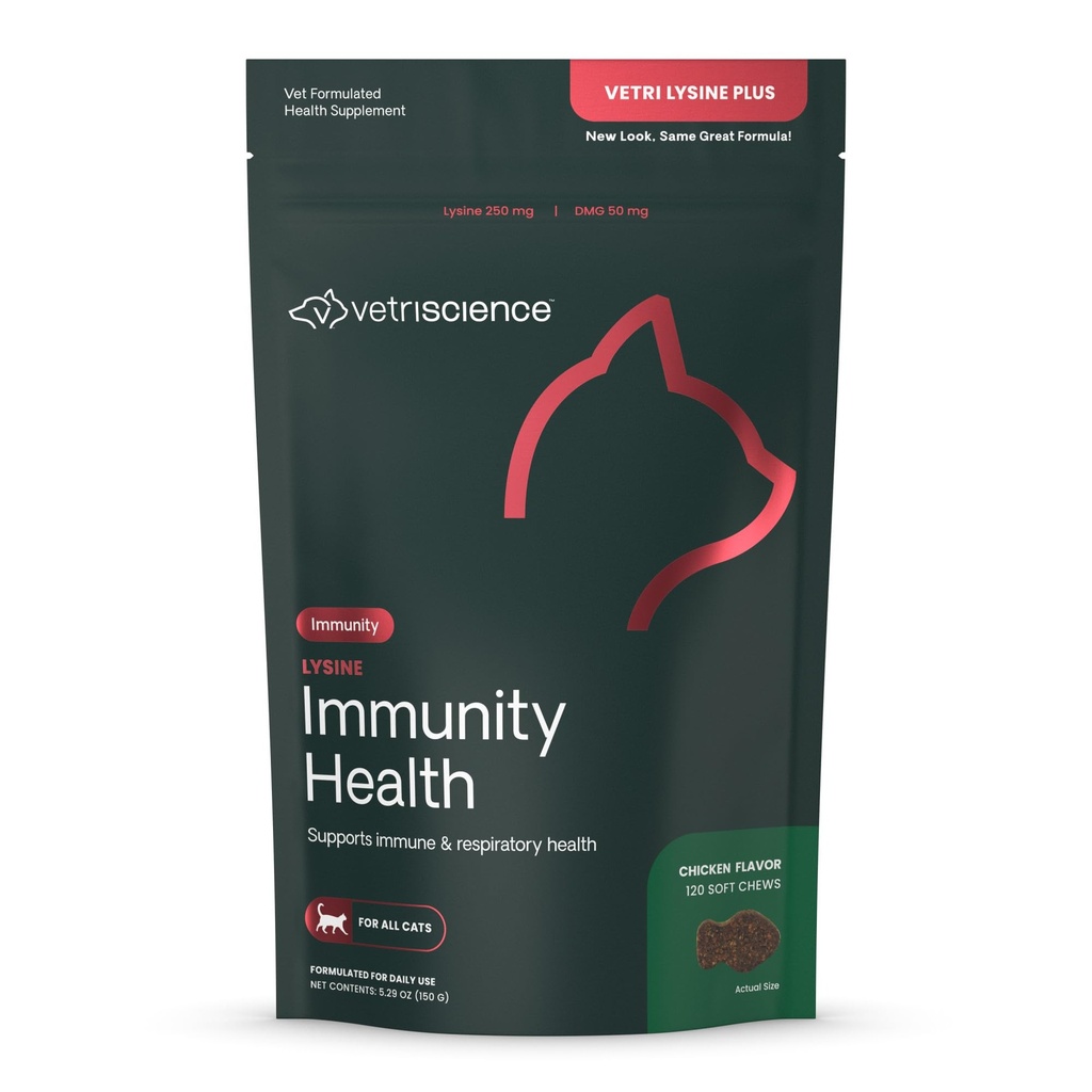 VetriScience Lysine Immunity Health Chews, 250 mg Lysine Plus Immune Supplement for Cats and Kittens with Allergies, Sneezing, Runny Nose and Watery Eyes, Chicken, 120 Count