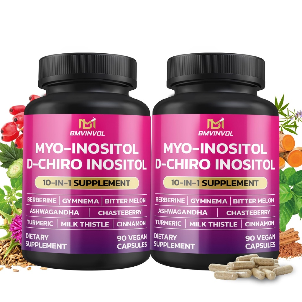 BMVINVOL 2 Pack Inositol Supplement-Myo-Inositol 和 D-Chiro Inositol 理想 40:1 比率 - + 柏培林, 肉桂, Ashwagandha+5 多60天供应