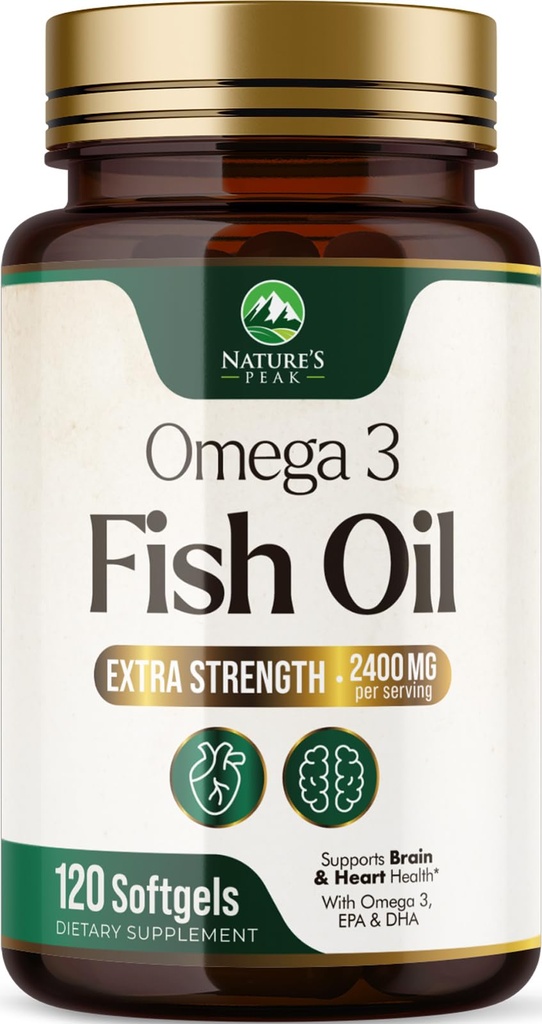 Omega 3 鱼油 2400 mg 补充,可持续来源,三强 Omega-3 补充软胶,脑健康支持,EPA & DHA 鱼油脂肪酸补充,Gluten & GMO Free,120 Softgel