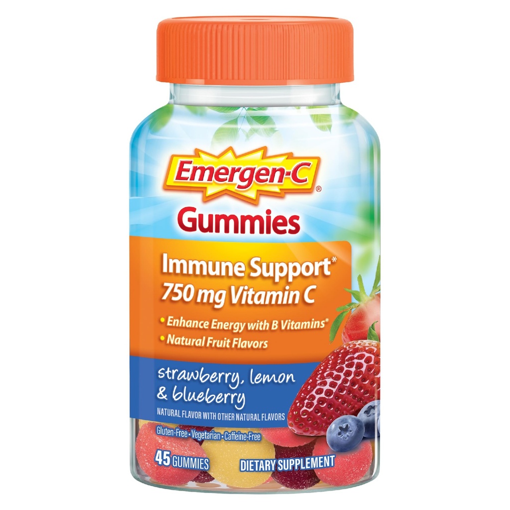 Emergen-C 750mg 成人维生素C Gummys, 免疫支持 Gummys, Gluten Free, 草莓,柠檬和蓝莓火焰 - 45个计数器