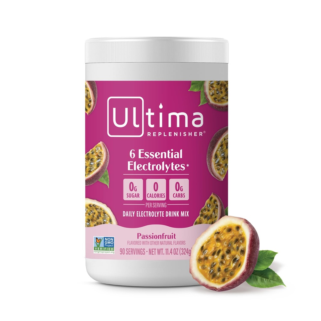 Ultima Replenisher Daily Electrolyte Powder Drink Mix – 无糖配料 – Passionle果,90 services – 水上配料 6键电解质和追踪矿物 – Keto 友好,非GMO
