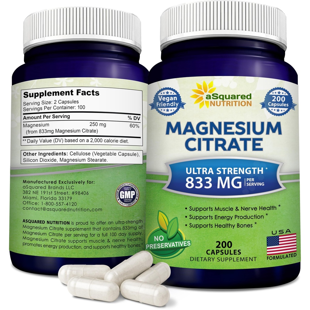 aSquared Nature Magneum 833mg Citrate - 200 capsules - 支持肌肉、心脏和骨骼纯功能的 Max Force Vegan Mag Citrate Powers - 帮助增加能量