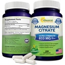 aSquared Nature Magneum 833mg Citrate - 200 capsules - 支持肌肉、心脏和骨骼纯功能的 Max Force Vegan Mag Citrate Powers - 帮助增加能量