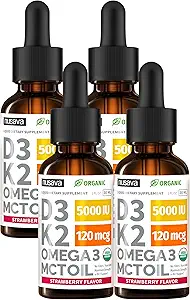 (4包)有机维生素D3 K2 与MCT Oil Omega 3,5000 IU - 最大强度维生素D液体,无填充器,用于更快吸收和免疫支持的非GMO液体D3(Strawberry,4 Fl Oz)