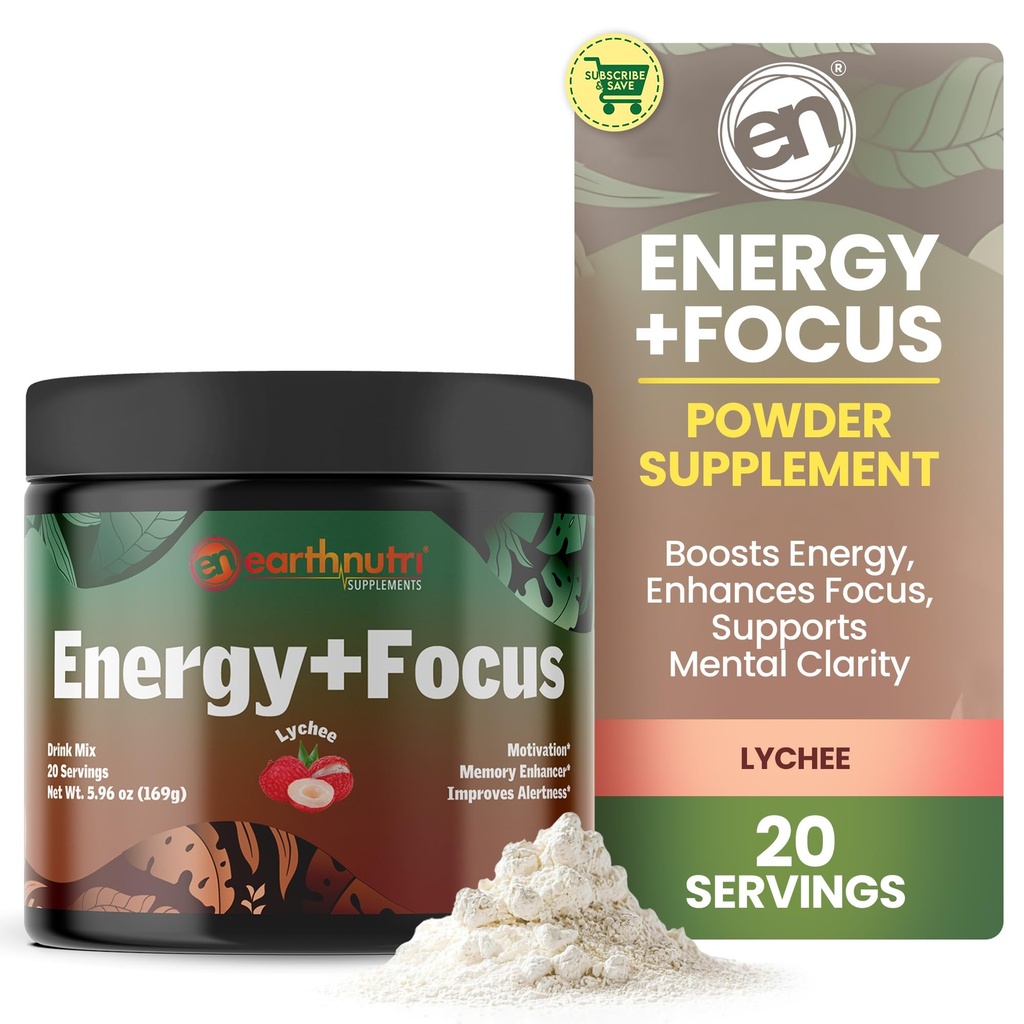 EarthNutri Energy + Focus Power 补充 - Energy Boost & 帮助与峰值O2, AlphaSize, Cognizin, PurCaf, Theacrine, Acetyl L-Carnitine L-Tyrosine – Lychee Flavor – 20 services (171g).