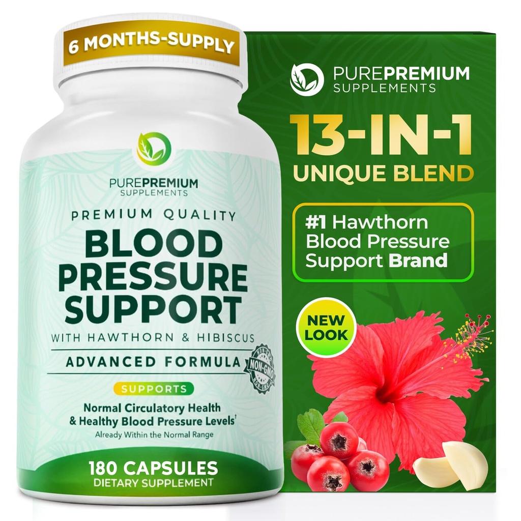 配有Hawthorn Berry、Hibiscus、Garlic & Vitamin B12-Nitric Oxide 的纯纯纯血压补充剂,用于正常心脏健康、循环健康和血压支持-180克特