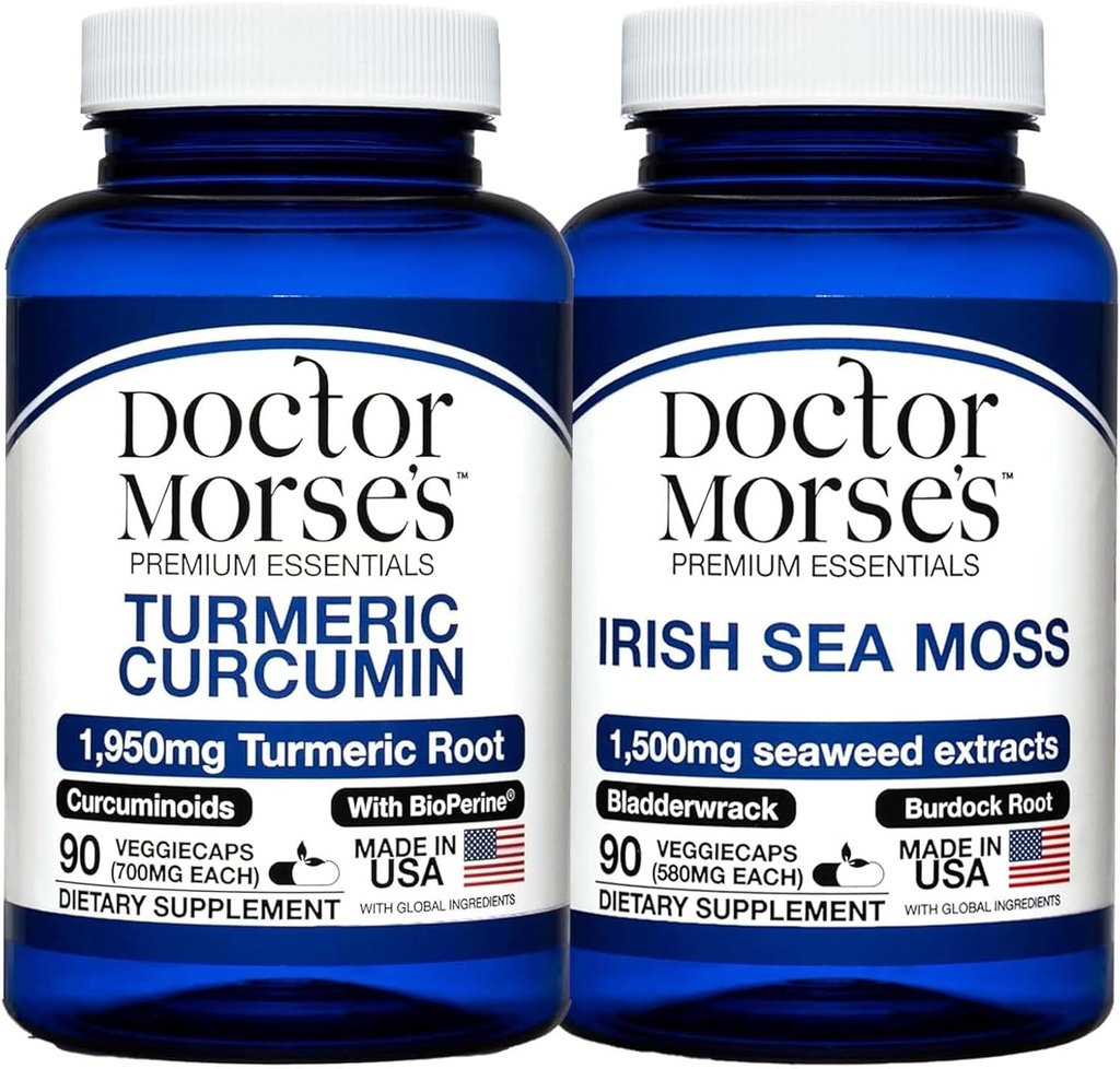 Morse医生的Turmeric Curcumin 1950mg & 爱尔兰海 Moss 1500mg Bundle - 联合支持、Immune Boost 和与生物牡蛎和Bladderwrack FDA-注册、NSF-认证90 Capsules的总体健康