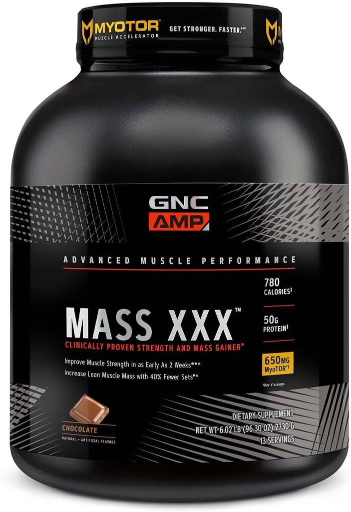 GNC AMP Mass XXX,临床证明重量增益蛋白粉,提高强度和体积,780卡罗瑞斯,50g蛋白,微量化氨基酸,Creatine,Betaine,巧克力,13种服务,6英镑