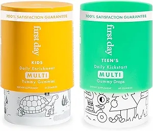 First Day Multivitamin Gummys Bundle for Kids & Teens – 维生素A,B,C,D & K + Folate,镁,锌 – Made w/Organic Fruits & Vegies,只有 2g 糖 – 2-Pk, 30天供应量 – 每份