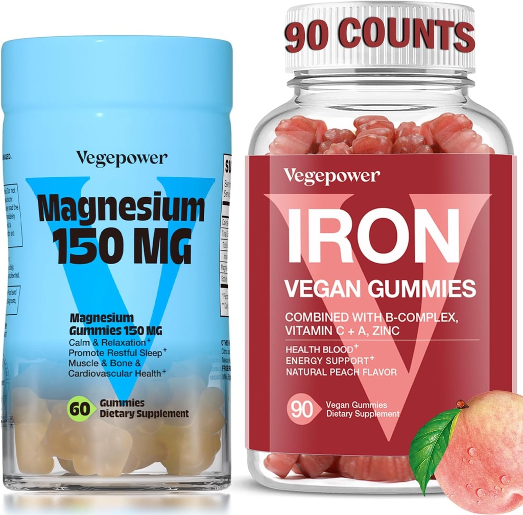 铁辅料有Magensium Gummys, Vegan 铁辅料有维生素C, A, B-Complex, Folate, Zinc for Adults & Kids, 用于缺铁, 贫血, 放松睡眠, 非GMO
