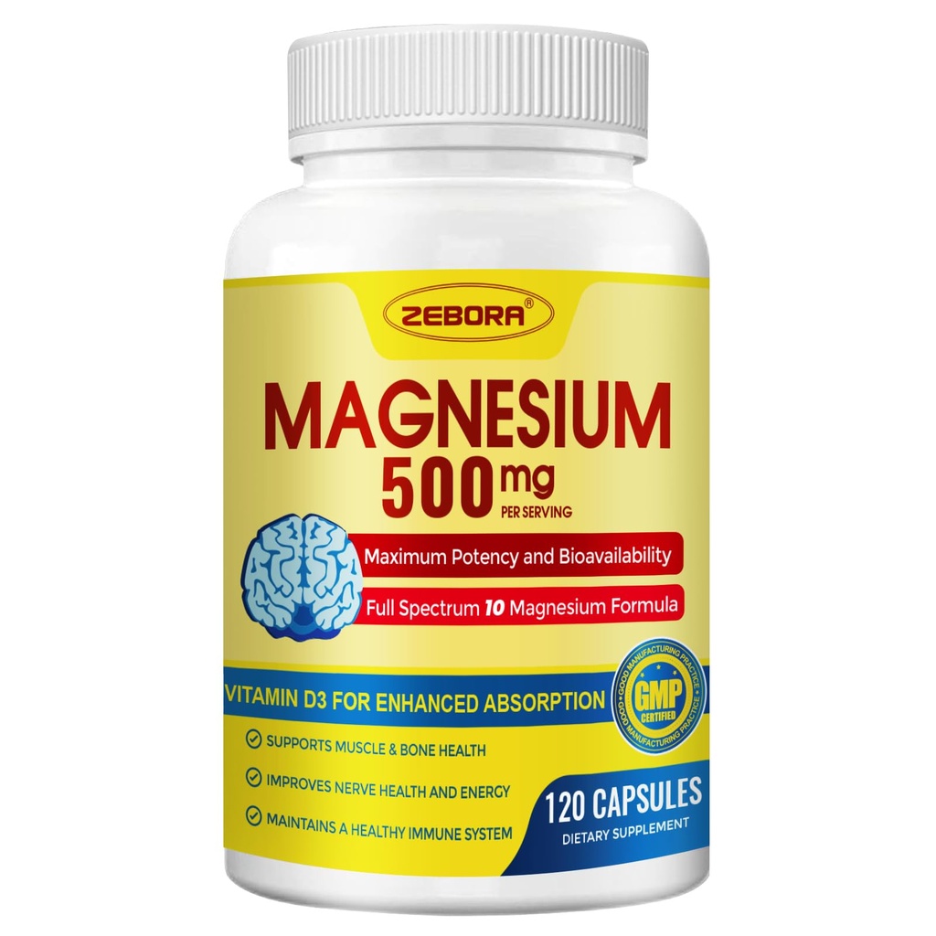 10in-1 镁复合物补充剂,甘化镁500mg,配有Citrate & Malate,Chelated High Absolute Plus Vitamin D3 & Zinc - 用于Nerve,肌肉和骨骼支持 - 120盖