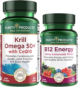 纯净产品包 - Krill Omega 50 + 与 CoQ10 + B-12 能量熔融 - Krill Omega 50 + 与 CoQ10 (Krill Oil, Fish Oil, CoQ10,维生素D) B-12 贝里熔融(Methylcobalamin B12 + B6 + D3 + 更多)