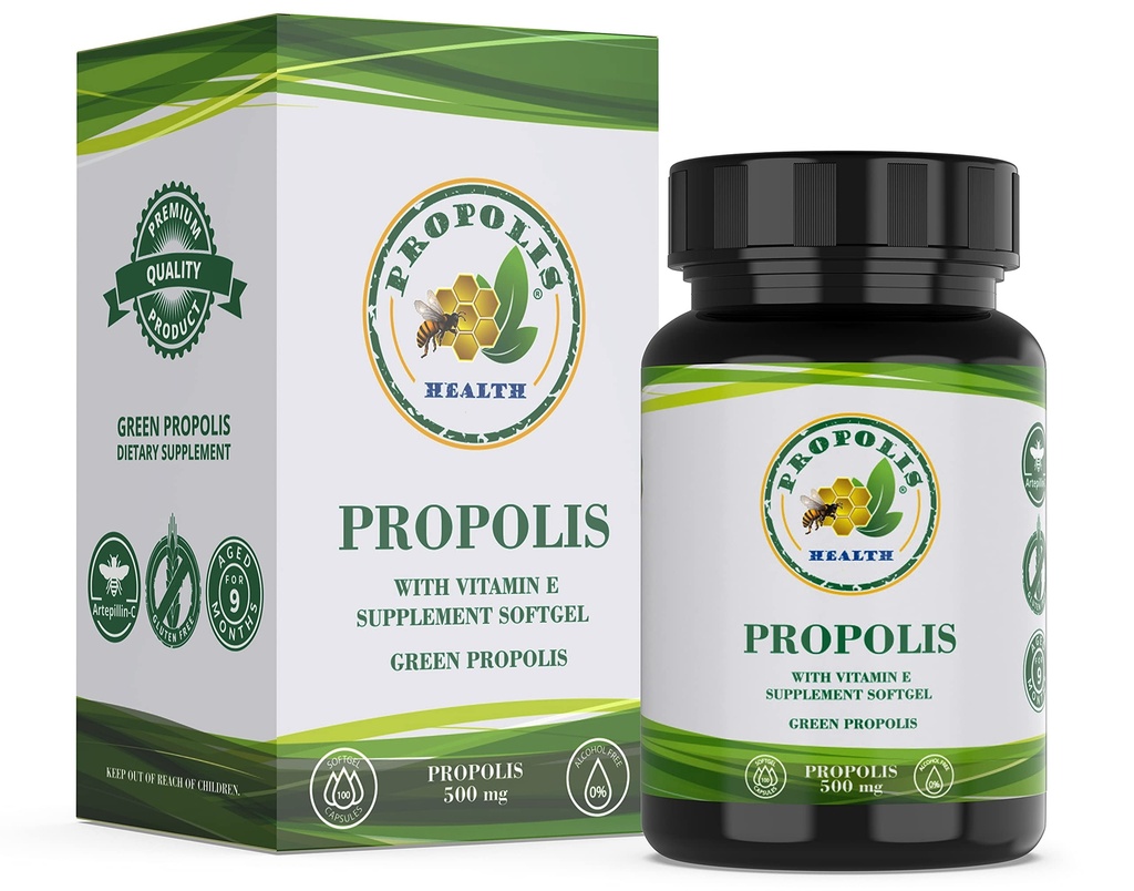 Propolis 健康 Propolis Capsules 1000mg-Daily 单剂量维生素E - 纯巴西绿色 Propolis 提取 - Immune促进者 50天供应 - 100 Capsules