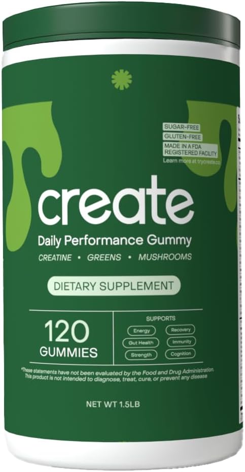创建每日性能Gummy - 男子和女子的Creatine Monohydrate Gummys - Boost Energy, 豁免和力量, Vegan, Gluten- Free, 4g Creatine+5g Fiber 每人服务(120 cm Gummys, 30名服务员)