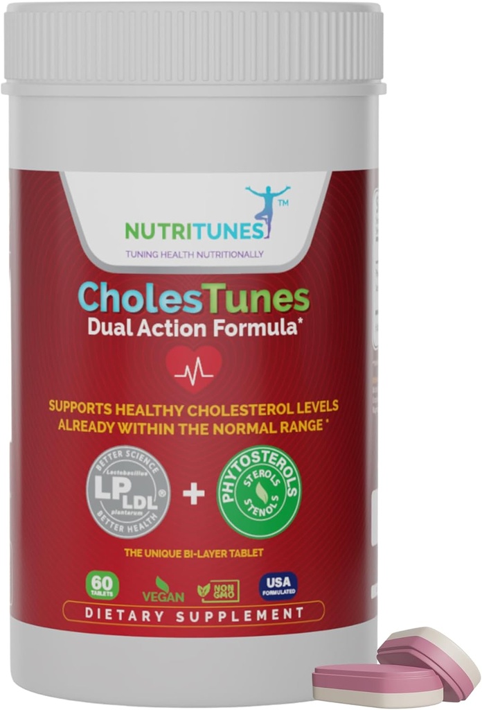 CholesTunes – 胆固醇支持补充剂 Phytosterols & Probiotic LP LDL 用于心脏和心血管健康 – 非GMO,Gluten-Free,Soy-Free,Lactose-Free,60片