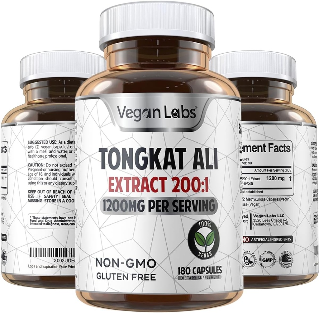 Vegan Labs Tongkat Ali 200:1 摘录, 1200MG Per Services - 180 Vegan Capsules - 支持能源和Stamina-Gluten 自由,非GMO Premium 质量补编