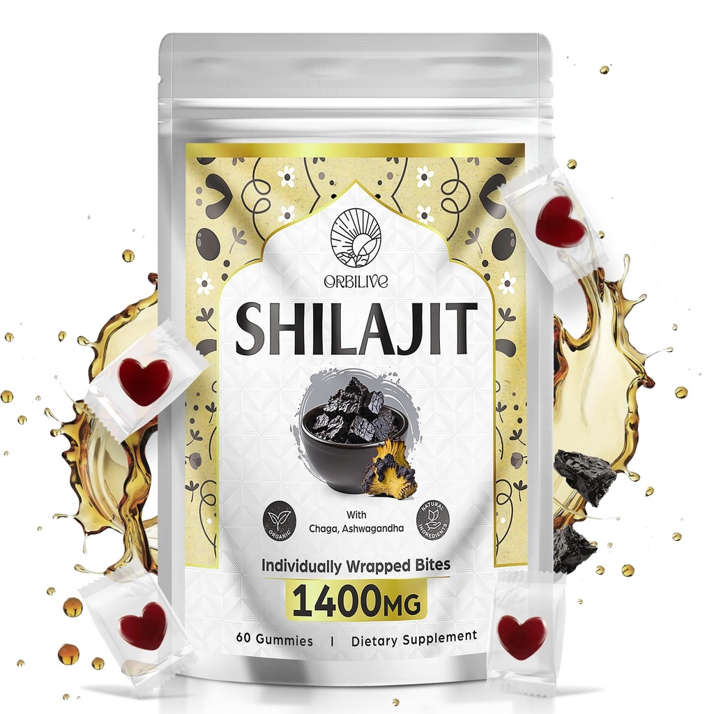 1400 MG Shilajit Gummys, Shilajit纯喜马拉雅 有机古米与Ashwagandha, 喜马拉雅为男性的希拉吉特, 85+ 追踪矿物和富尔维酸,单独包装,无糖,60个计数