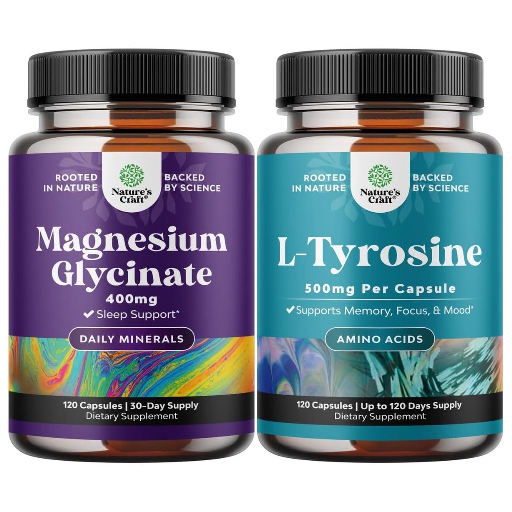 甘氨酸镁包400mg Capsules和Potent L Tyrosine 500mg Capsules - 用于睡眠支持 Bone 健康肌肉恢复 - 用于脑健康甲状腺支持的氨基酸营养补充