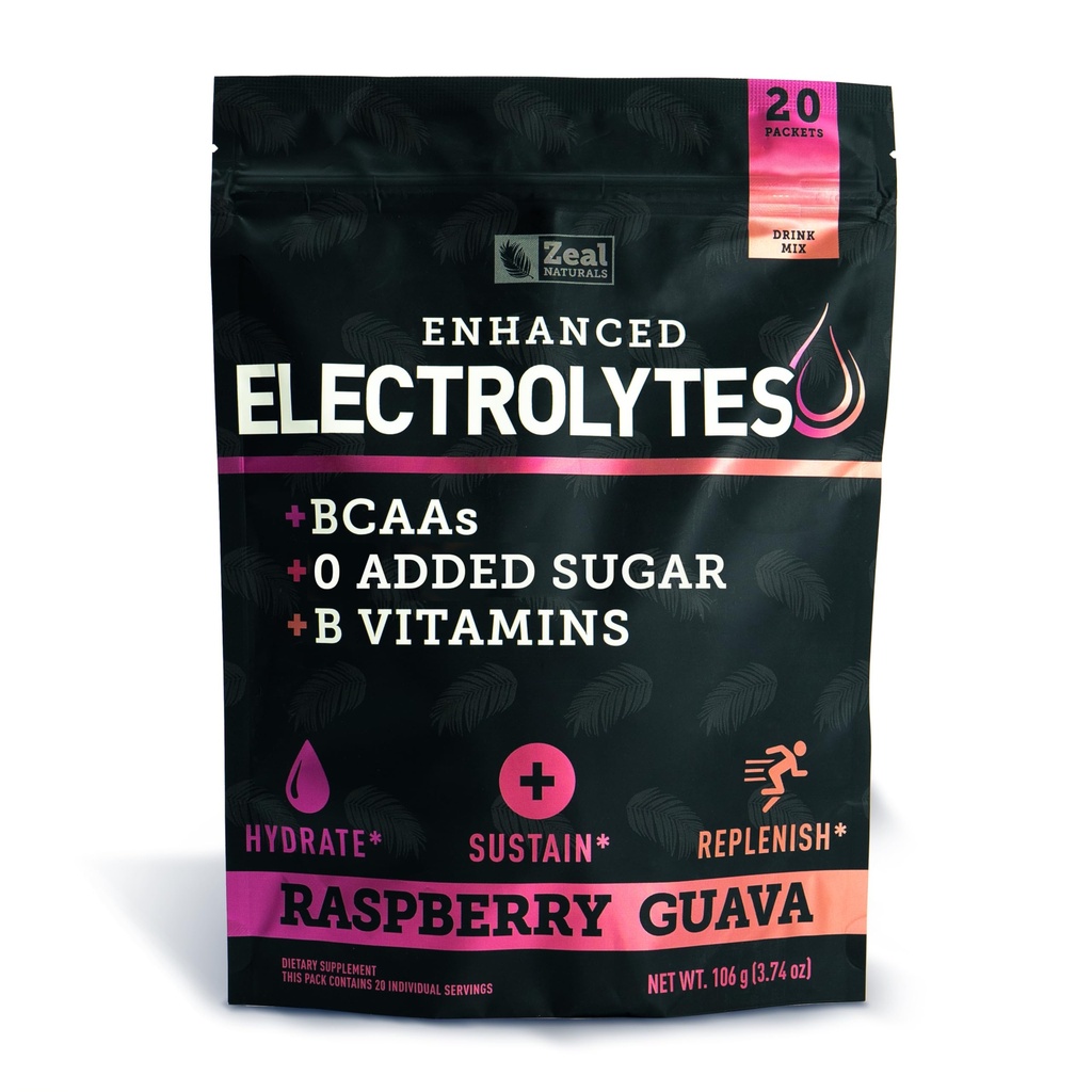 强化电解质粉末棒包装(Raspberry Guava → 20 packets) w/ 0 糖 + BCAAs + B-维生素 电解质 补充 w 钾 锌和镁 水解 - Keto 电解质