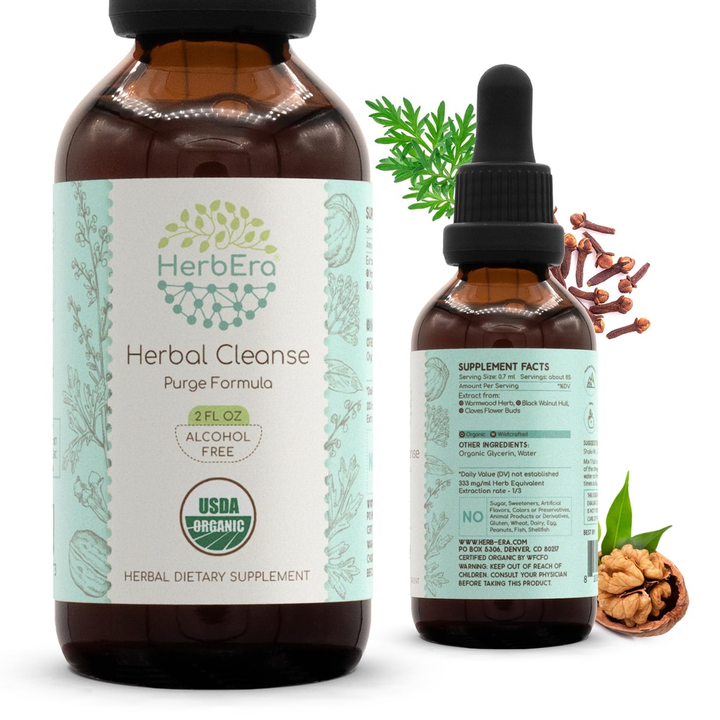 HerbEra Herbal Cleanse Organical 酒精无毒丁香 \ 解毒和清洁公式, 提取补充 \ 有机 Wormwood Herb, Black Walnut Hull, Cloves Flower Buds \ \ 清洗提取 2 fl oz)