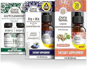 GuruNanda 全面健康与液体Ashwagandha、黑种子油和古特清油 -- -- 协助豁免和精神护理