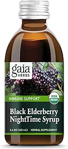 Gaia Herbs Black Elderberry, NightTime Syrup - Immune Support Supposed - 有机黑色长莓,加利福尼亚州罂粟和柠檬浆用于休息和免疫防御 - 5.4 Fl Oz(32天供应)