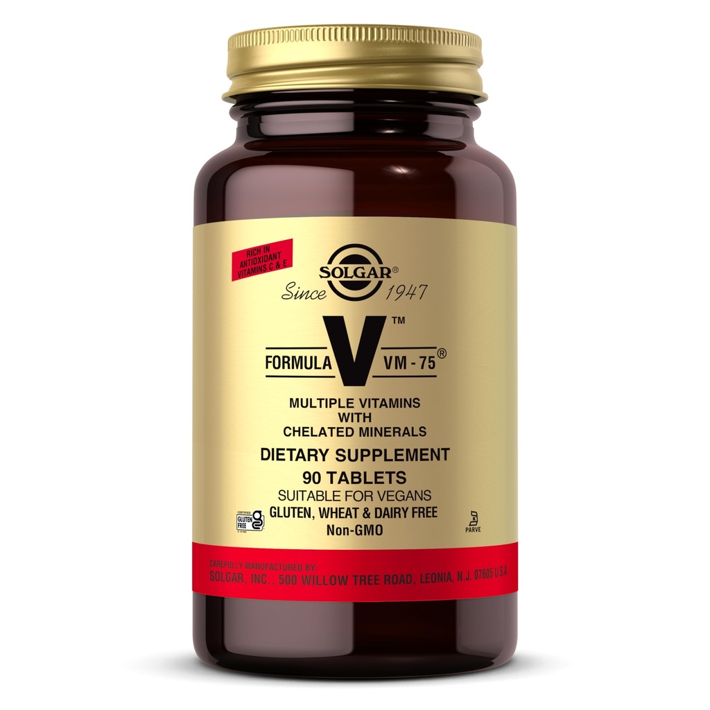Solgar Formula VM-75, 90片 - 与Chelated矿物的多维他命 - 维生素A, B6, B12, C, D, E - 生物锡, 镁, 钙, 铁, 锌 - Vegan, Gluten Free, Dairy, Kosher - 90 services