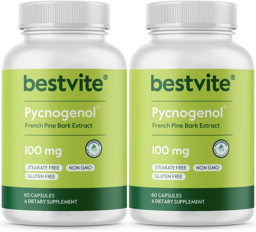 BESTVITE Pycnogenol 100mg (120 Capsules) (60x2) - 法国海洋松木条提取法 - 无 Stearates - Gluten Free - 非 GMO