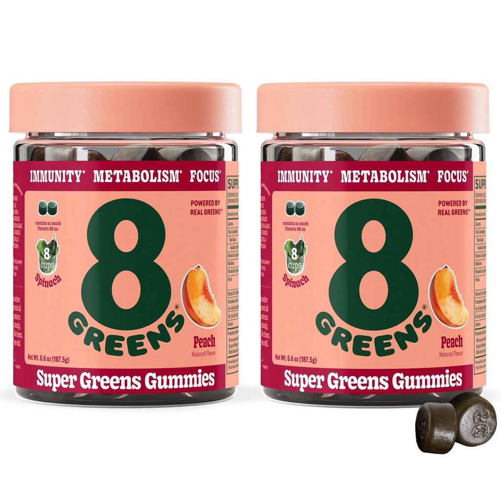 8 绿色超绿色 Gummys 超级绿色超食品 Gummys 超级绿色超食品 Gummy for代谢,豁免和聚焦,消化性健康酶,有机:氯,螺旋藻,Aloe Vera,Peach Flavor, 100 Count