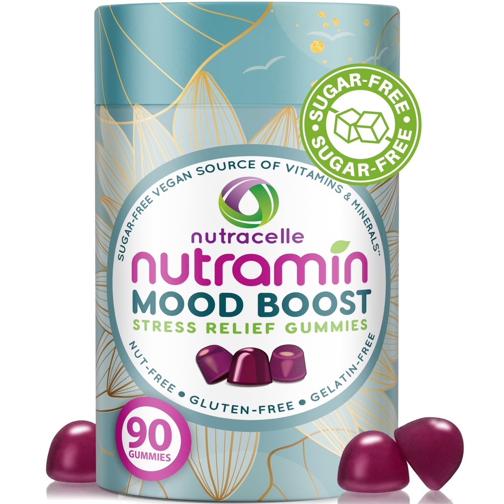 NUTRAMIN Mood Boost 多维塔明 Gummy - 美味和优美的抗压镁 Ashwagandha Gummys + B 复合维生素促进焦点和冷静 - 无糖,维干,无胶,过敏-安全(90个计数)