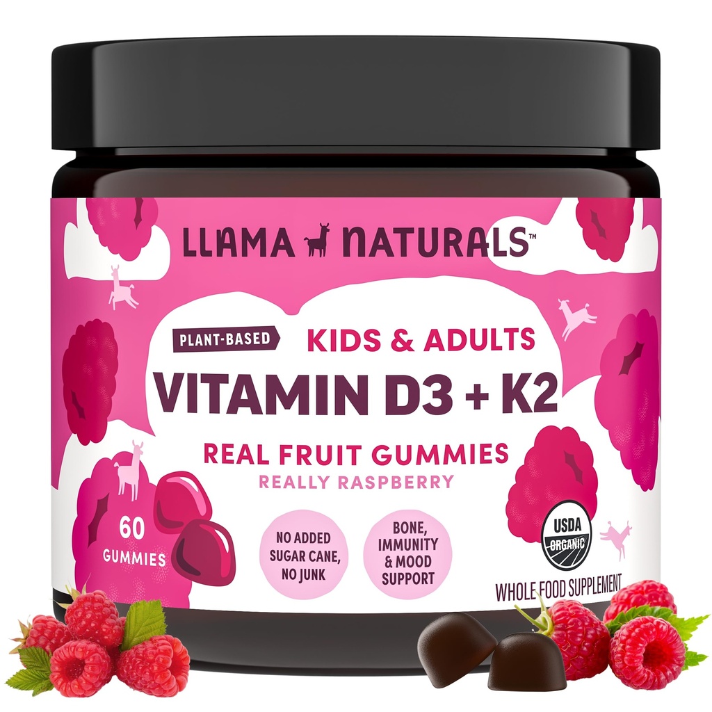 Llama Naturals Naturals Vitamin D3, Vegan, 有机免疫支持补充剂,成人和儿童维生素D Gummys, Real Fruit Gummy Vitamins, 促进骨质健康, 无添加糖蔗, Raspberry, 60 Ct