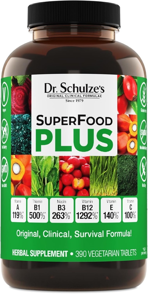 Schulze博士的超级食品+++ 维生素和矿物草药 集中 每日营养和增加能量 ++ 无糖和无糖 ++ Vegan + 390 Tabs → 包装 May Vary