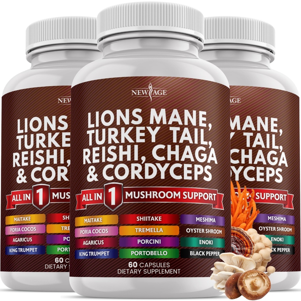 新AGE狮子马内蘑菇 与土耳其的Tail Reishi Cordyceps Chaga 与Marshmallow根 180 计数