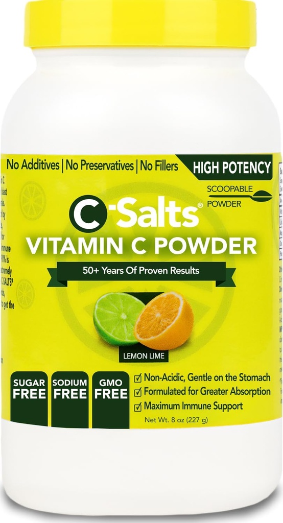 C-盐类维生素粉补充剂 - 100%纯高剂量增肥维生素粉 支持免疫 - 有机,无糖,维冈,非GMO,胃亲,柠檬液8oz