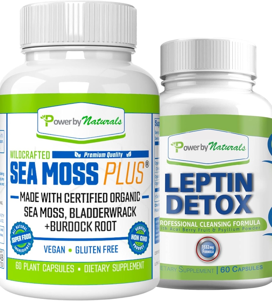 Power By Naturals: Organic Sea Moss and Leptin Detox Bundle - 60 Vegan Capsules Each - Plant-Based, Gluten-Free Supplement for Immune Enhancement and Natural Cleansing