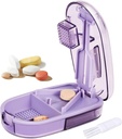 Pill Cutter Splitter for Small and Tiny Pills, or Large Pills. V-Shaped Design for Multiple Sizes. Safety Blade Guard. Loss-Proof Built-in Small Brush & Sliding Door Pill Storage (Purple)