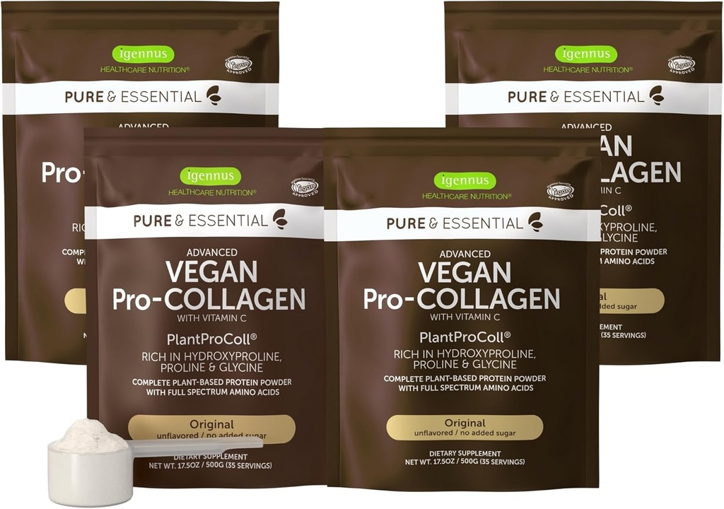 Igennus Vegan Collagen Peptide Powder, 加固了Glycine, Proline & Hydroxyproline & Cofactor 维生素C, 非转基因生物, 完整的植物基Collagen Powder Boster, 4 x 35 服务