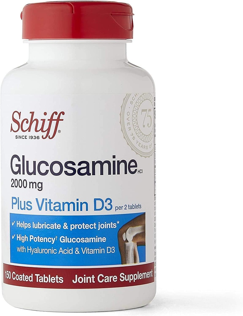 Schiff Glucosamine 配有维生素D3 & Hyaluronic Acid, 2000 mg of Glucosamine, 联合护理补充 帮助Lubricate 和保护联合*, 150 Counter (Pack of 2).