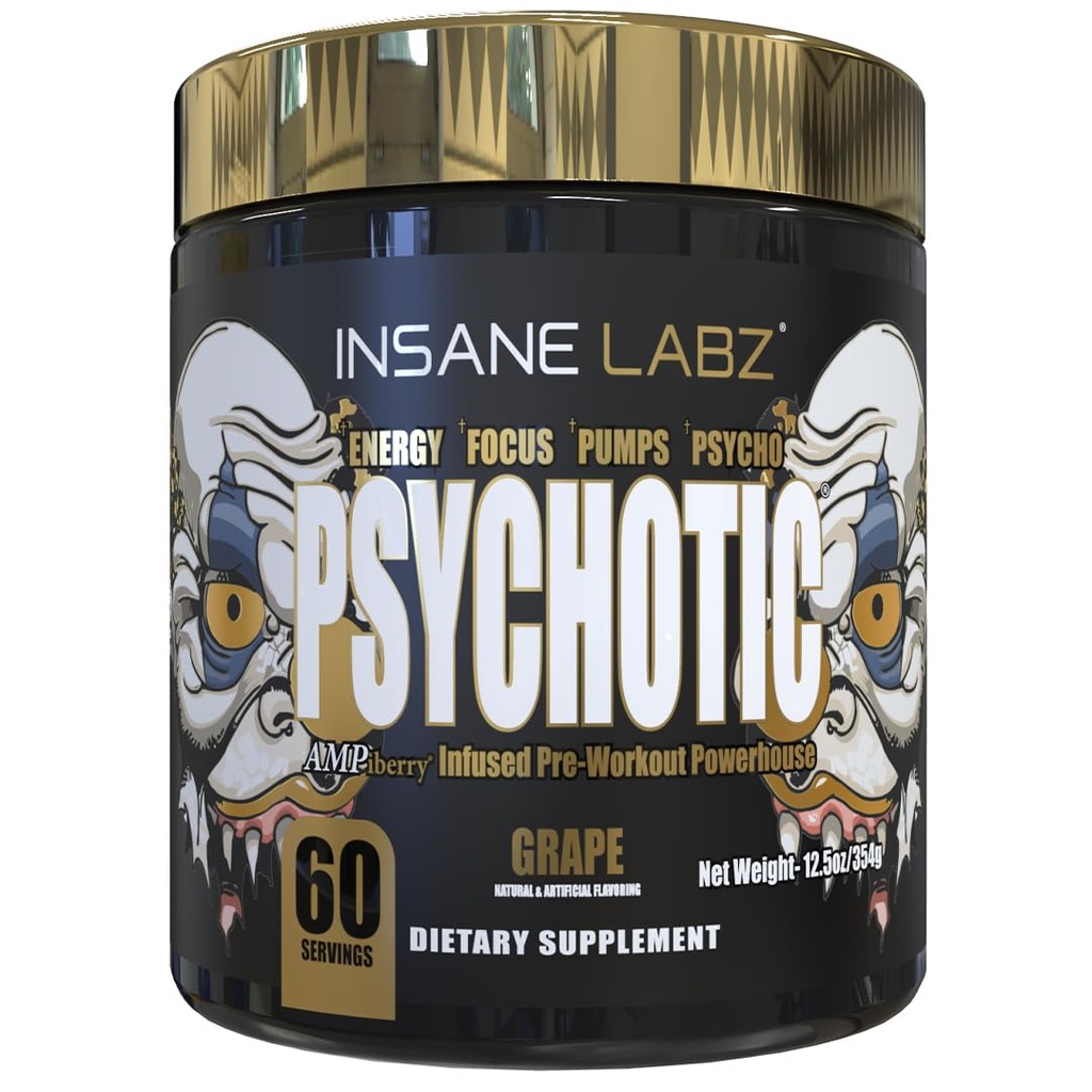 Insane Labz 精神金刚,高兴奋剂预研粉,极端耐久能量,泵和耐久性与Beta Alanine,DMAE Bitartrate,NO Booster(60 services, Grape)